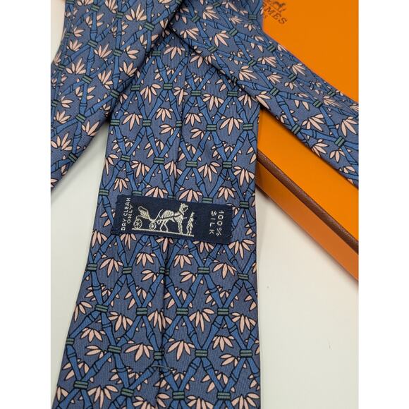 Hermes Paris 100% Silk Bamboo Trees Neck Tie Blue Business Classic - Picture 5 of 9